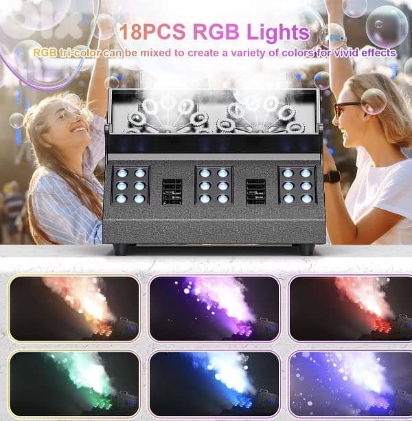 3 in 1 Fog Bubble& smoke Machine. 2 Bubble Fans, 7CH RGB 18 LED Lights 3