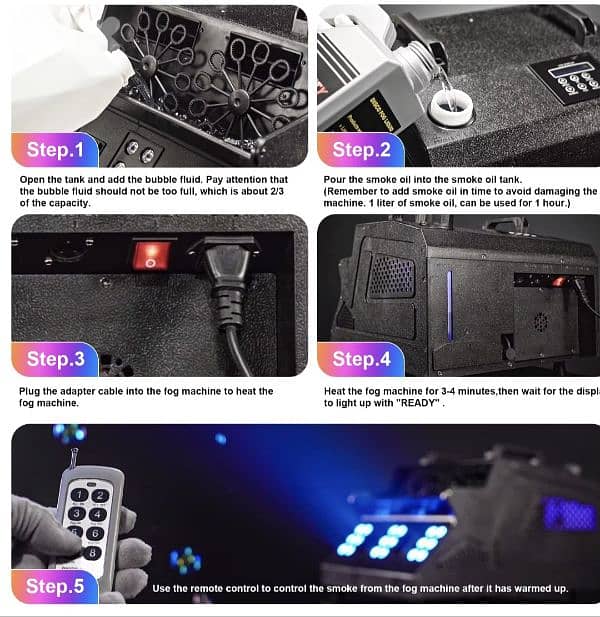 3 in 1 Fog Bubble& smoke Machine. 2 Bubble Fans, 7CH RGB 18 LED Lights 5