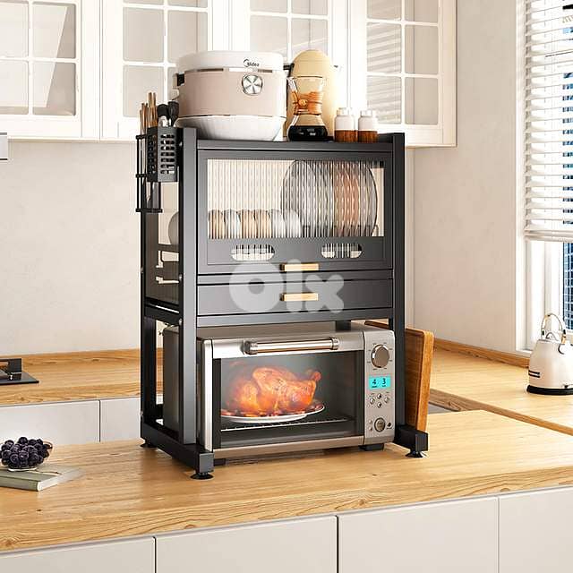 Carbon Steel Microwave Stand & Sealed Dish Cabinet with Knife Holder 0
