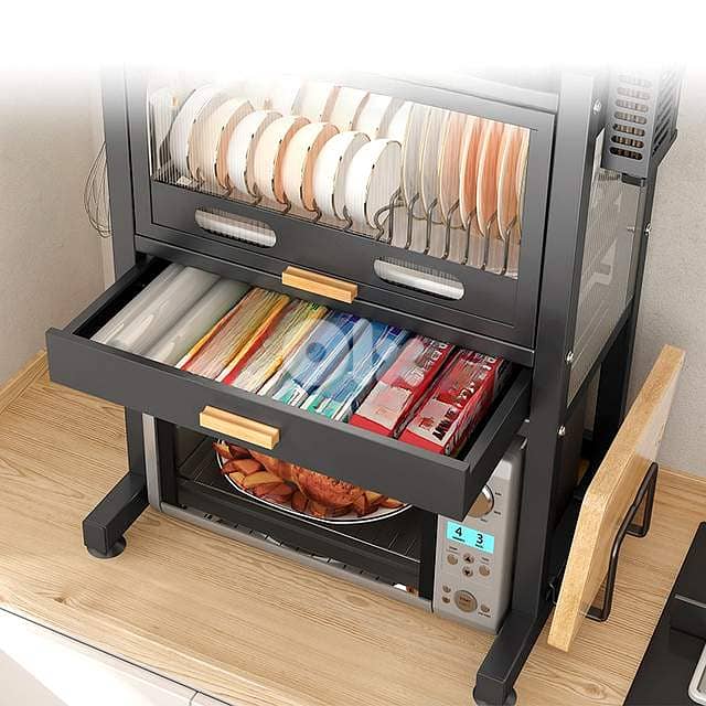 Carbon Steel Microwave Stand & Sealed Dish Cabinet with Knife Holder 2