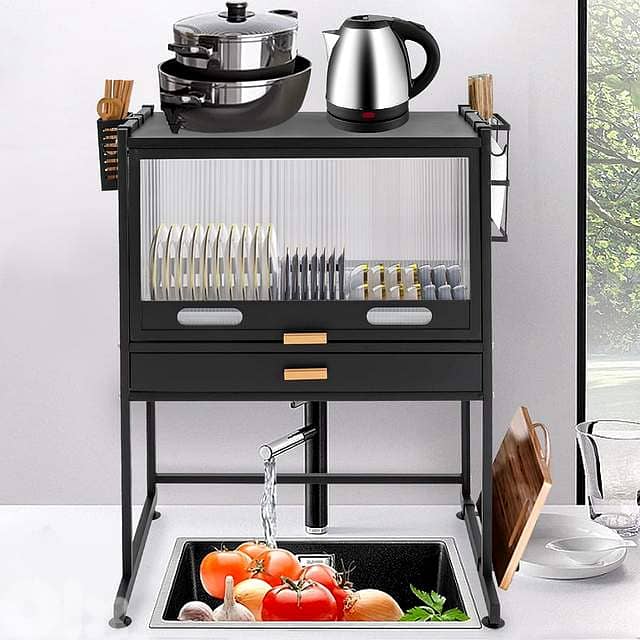 Carbon Steel Microwave Stand & Sealed Dish Cabinet with Knife Holder 4
