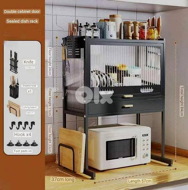 Carbon Steel Microwave Stand & Sealed Dish Cabinet with Knife Holder 6