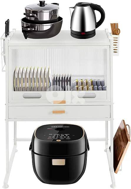 Carbon Steel Microwave Stand & Sealed Dish Cabinet with Knife Holder 10