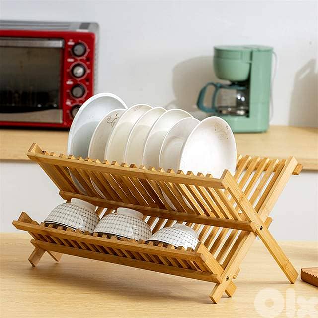 Bamboo Dish Drying Rack – Folding 2-Tier Wood Dish Drainer for Kitchen 0