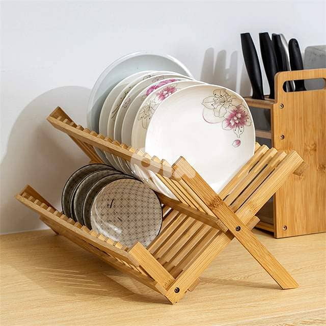 Bamboo Dish Drying Rack – Folding 2-Tier Wood Dish Drainer for Kitchen 4