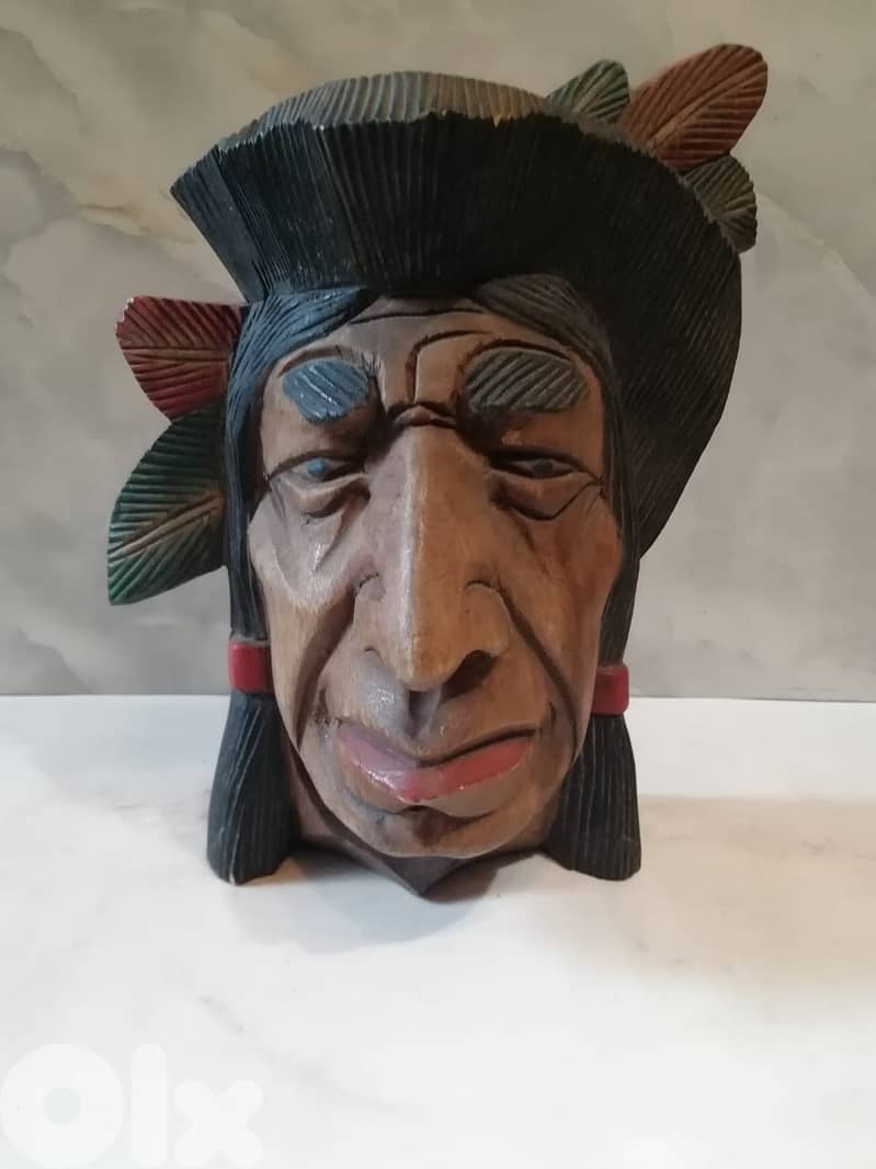 heavy wooden carved indian native american chief 30cm 0