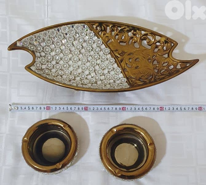 Golden Cake plate or fruit basket and 2 Ashtrey  13$ beyrout ashrafiye 2
