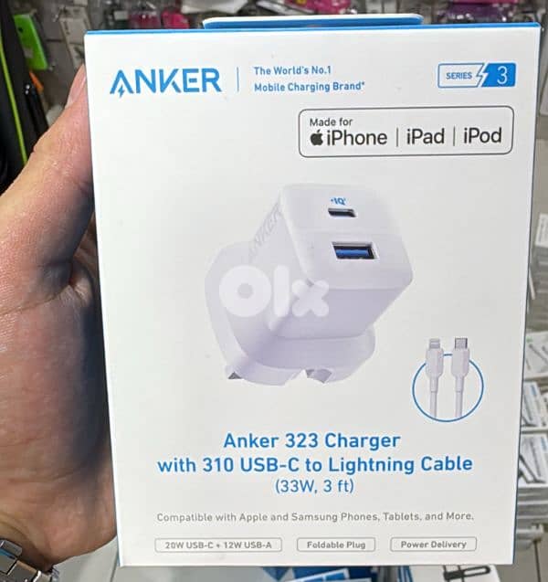 Anker 323 charger with 310 usb-c to lightning cable (33w,3ft) 0