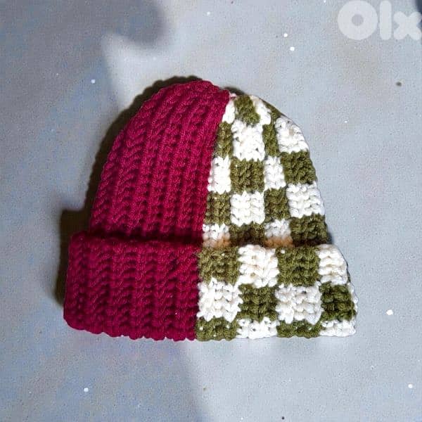 Handmade crochet half burgundy half olive and cream checkered beanie 0