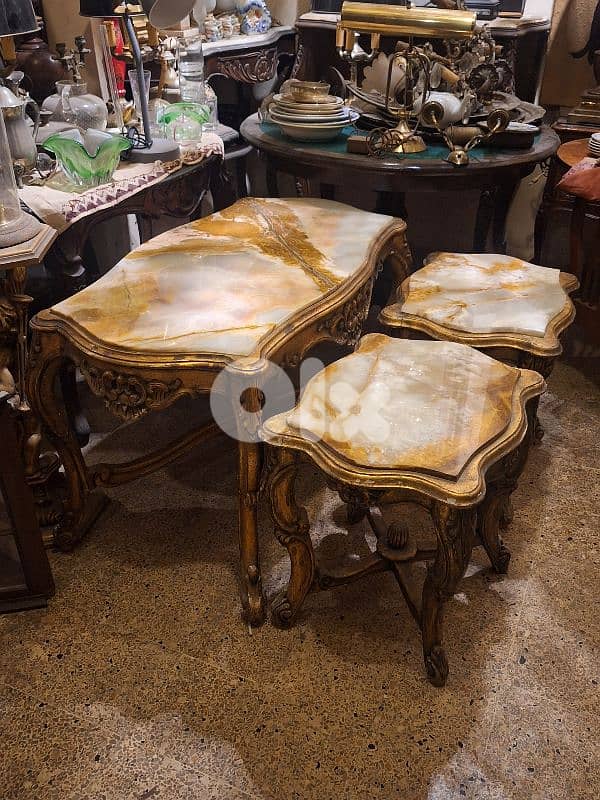 antique 3 tables wood and marble on top 0