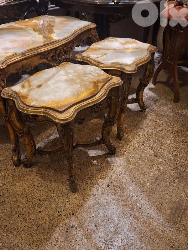 antique 3 tables wood and marble on top 1