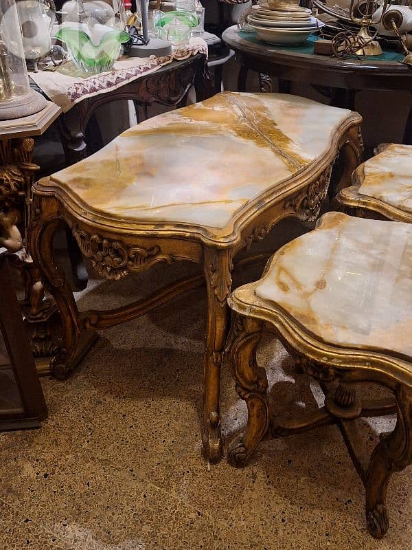 antique 3 tables wood and marble on top 2
