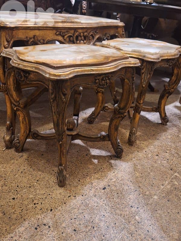 antique 3 tables wood and marble on top 4
