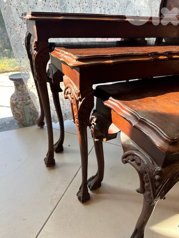 Burr Walnut & Carved Nest of 3 Tables Circa 1930s 0