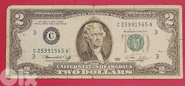 USA $2 Green seal 1976 poor condition  (has small tears at the edges)