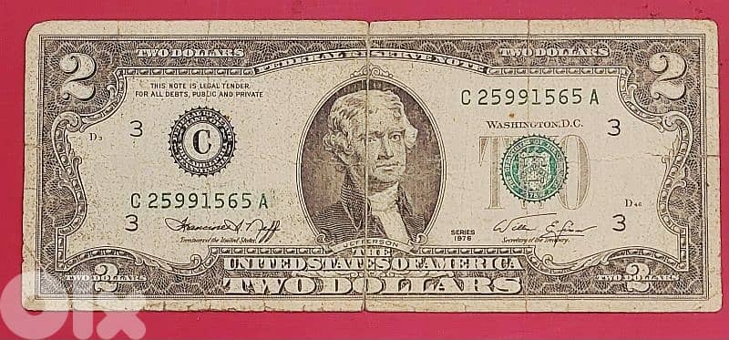 USA $2 Green seal 1976 poor condition  (has small tears at the edges) 0