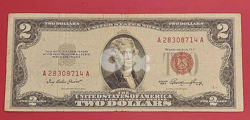 USA $2 Red seal 1953 S/N A-28308714-A 0
