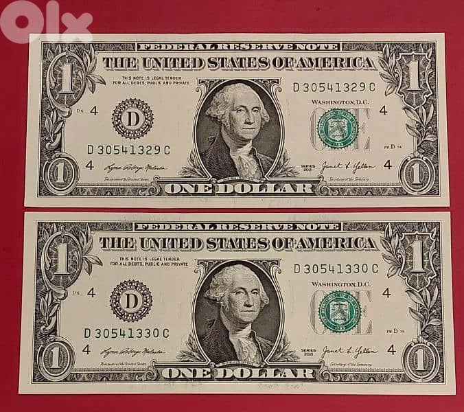 USA $1 x 2 bills Green seal UNC. consecutive numbers 2021 0