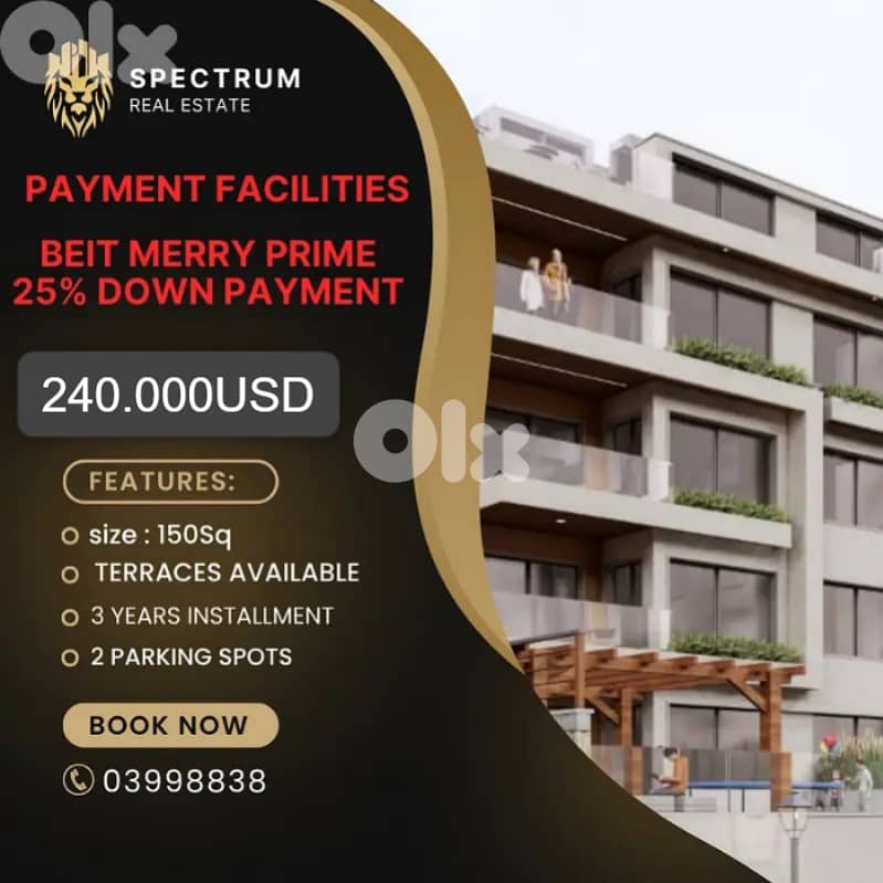 25% DOWN PAYMENT PAYMENT FACILITIES IN BEIT MERRY PRIME , (BM-249) 0