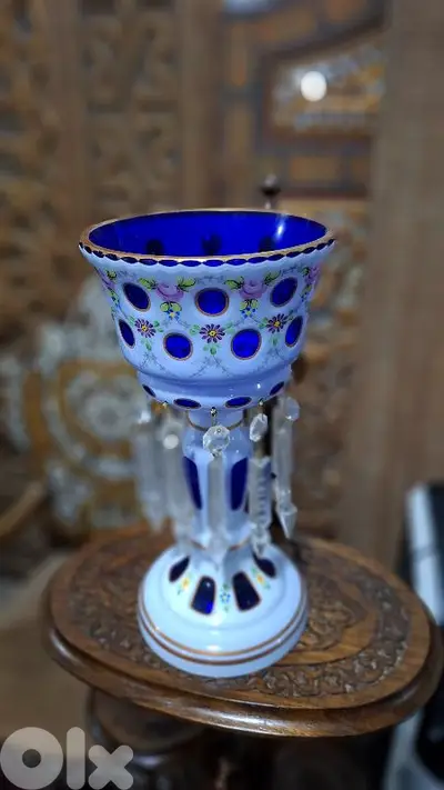 Rare Bohemian 19thC Cobalt & Milk Glass Luster - Hand-Painted Enamel