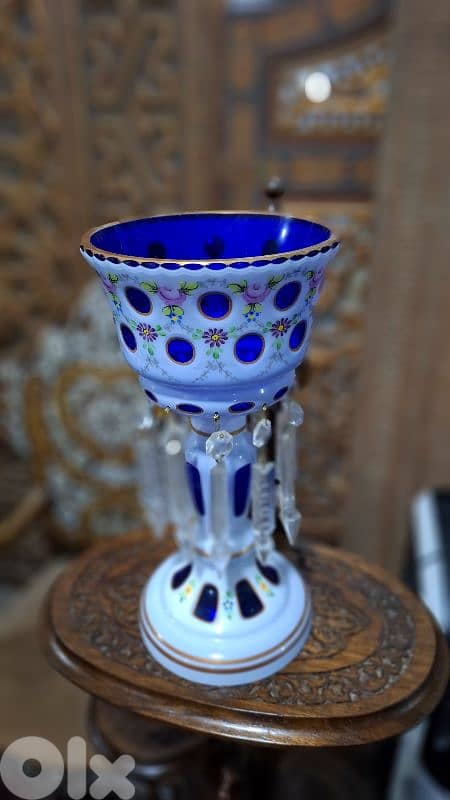 Rare Bohemian 19thC Cobalt & Milk Glass Luster - Hand-Painted Enamel 0