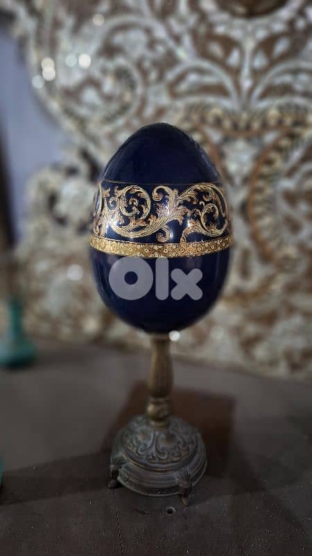 Rare Imperial Russian Cobalt Porcelain Egg 24K Gold Gilt & Bronze 0