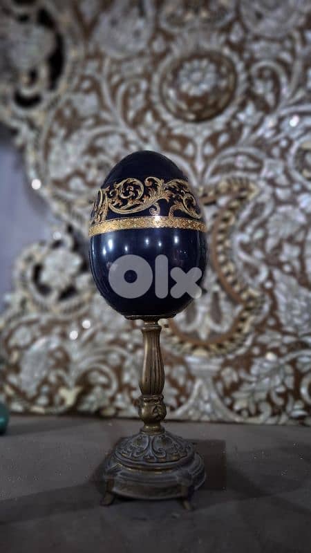 Rare Imperial Russian Cobalt Porcelain Egg 24K Gold Gilt & Bronze 1