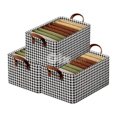 Steel-Frame Houndstooth Bin: Heavy-Duty Stackable Fabric Organizer