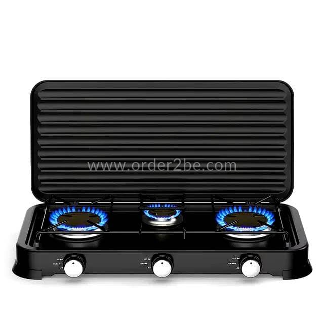 5.4kW Heavy Duty Triple Burner Gas Stove with Steel Windbreak Lid 0