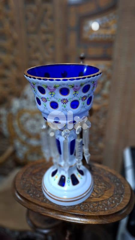 Rare Bohemian 19thC Cobalt & Milk Glass Luster - Hand-Painted Enamel 0