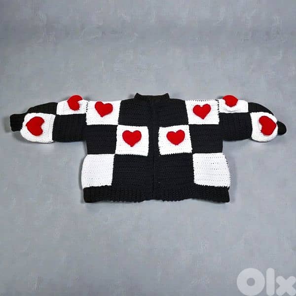 Handmade crochet cardigan checkered black and white with red hearts 0