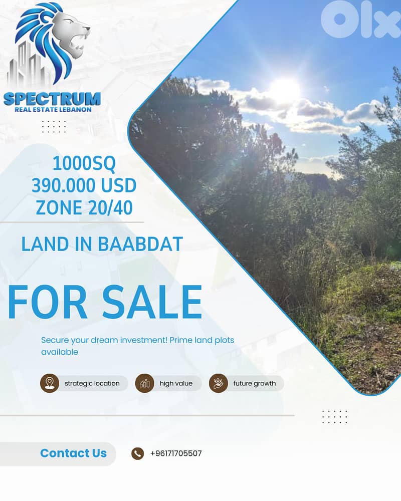 1000Sq LAND FOR SALE IN BAABDAT PRIME, ZONE 20/40, (BB-232) 0