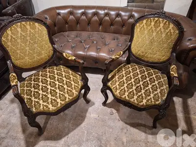 طقم صالون لويكانز حفر فرنسي ناعم مميز انتيك ٥ قطع مع طاولات رخام
