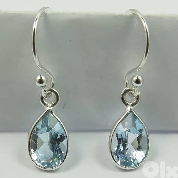 925 Sterling Silver Earings with Natural Pear Shaped Blue Topaz 0