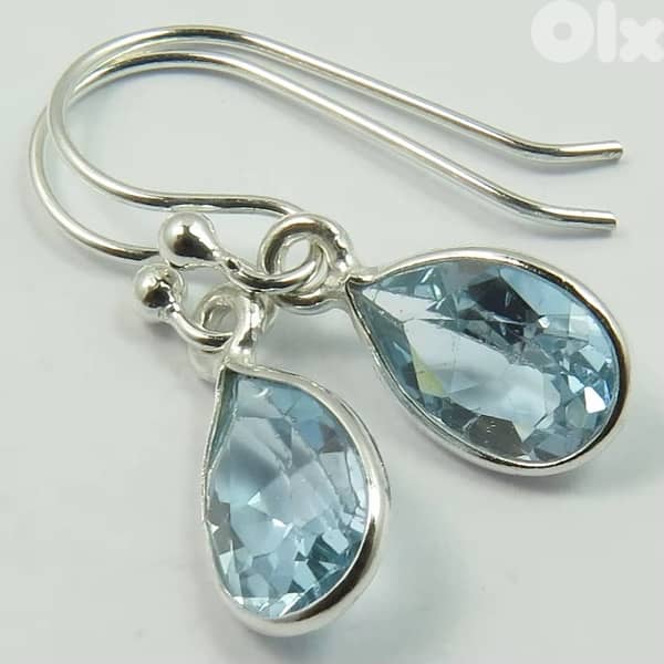 925 Sterling Silver Earings with Natural Pear Shaped Blue Topaz 1