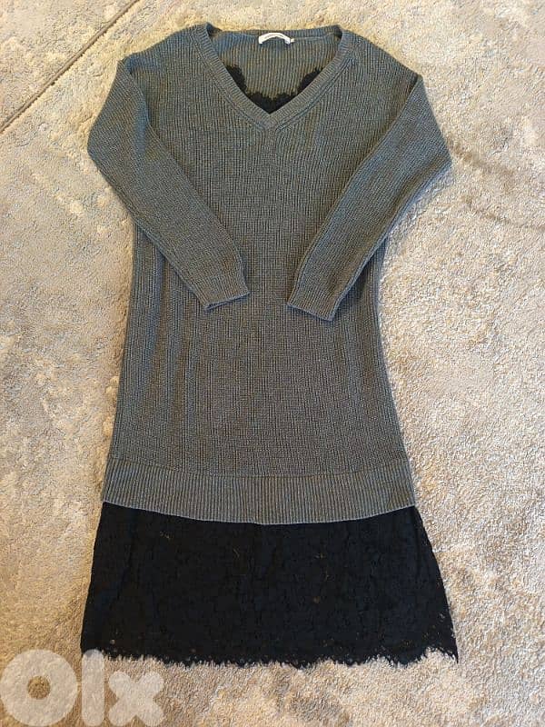 stitches & Stripes grey knit sweater dress with black lace trim Size M 0