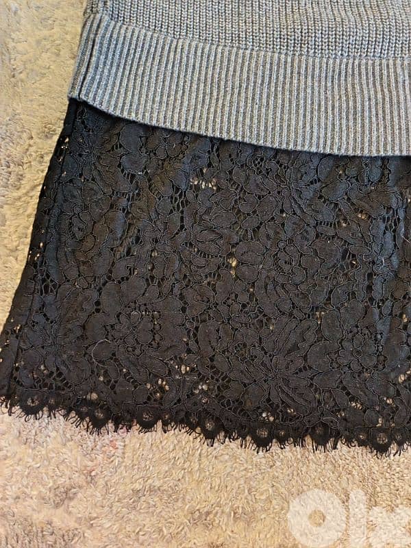 stitches & Stripes grey knit sweater dress with black lace trim Size M 3