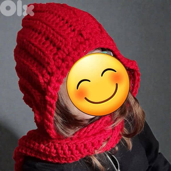 Handmade crochet chunky red hooded scarf wool 0