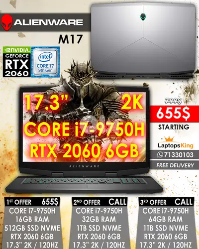 ALIENWARE M17 CORE i7-9750H RTX 2060 6GB 17.3” 2K 120HZ SCREEN GAMING