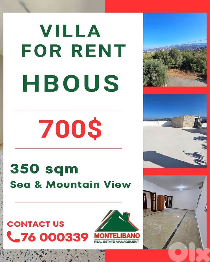 350 sqm Villa For Rent in Hbous with Mountain & Sea View 0