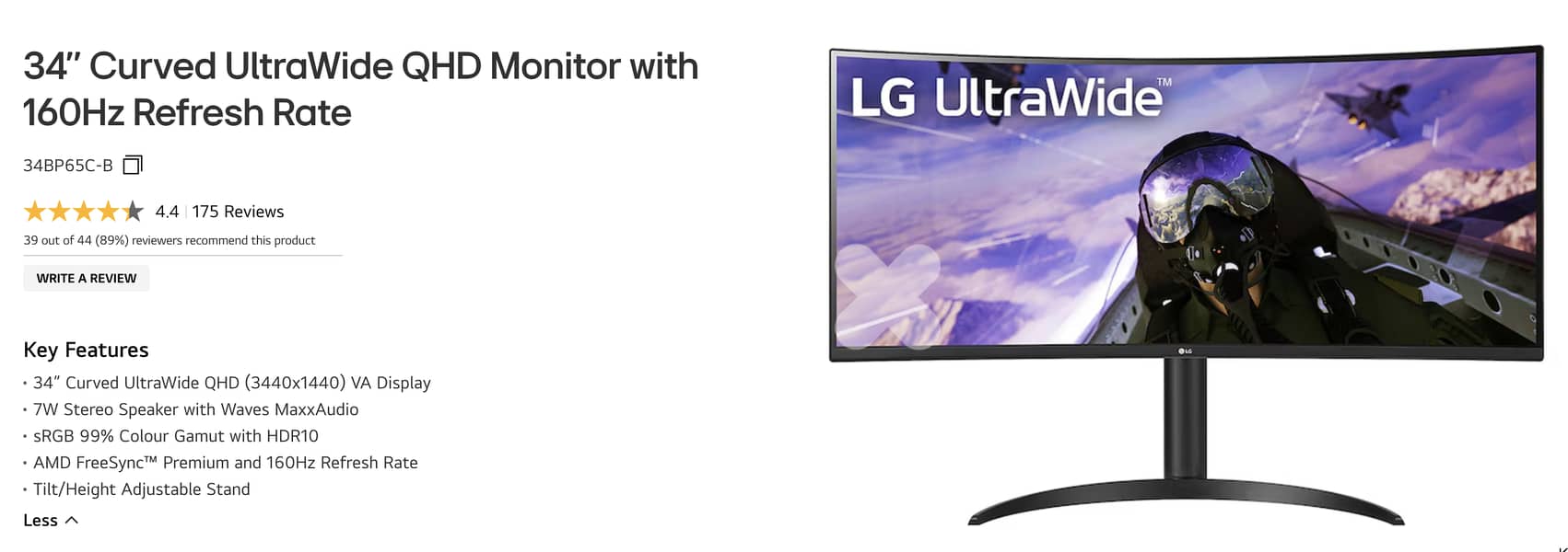LG 34'' Curved UltraWide QHD Monitor with 160Hz Refresh Rate 0