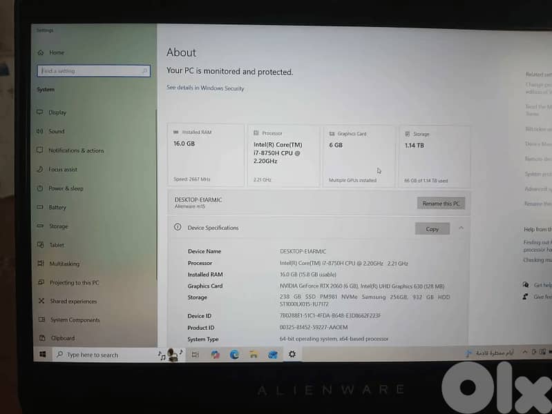 Alienware M15 R1,NVIDIA RTX 2060,16 GB of RAM,1.14 TB of storage 2