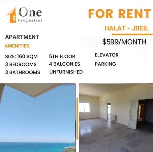 Apartment for RENT,in HALAT / JBEIL with a great sea view. 0