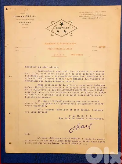 France 1930 old document Joseph Stahl Fammab vieux papier