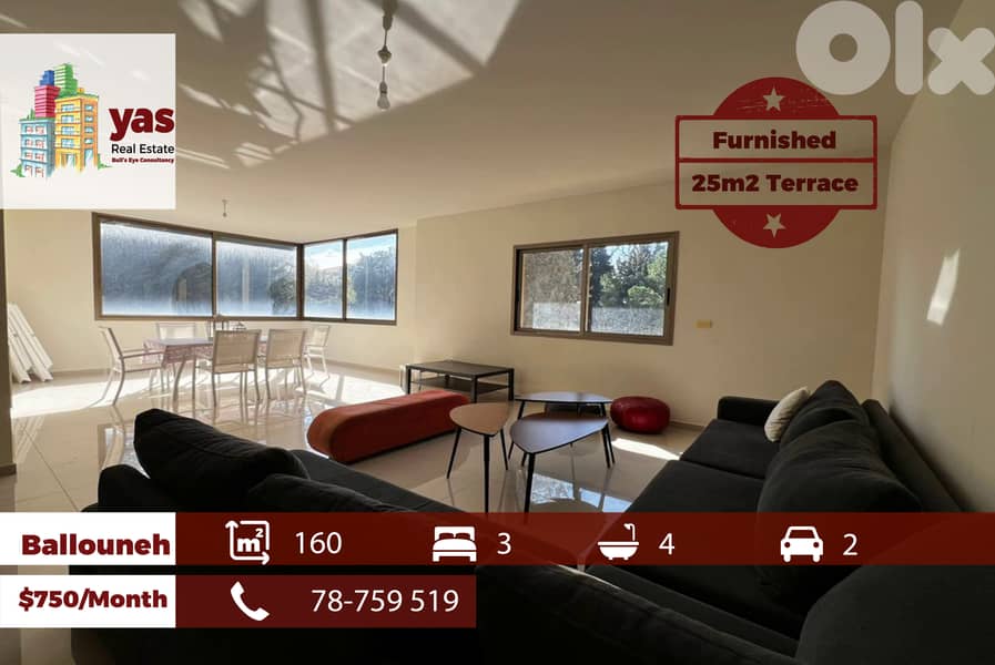 Ballouneh 160m2 | 25m2 Terrace | Rent | Furnished | New Flat | KS 0