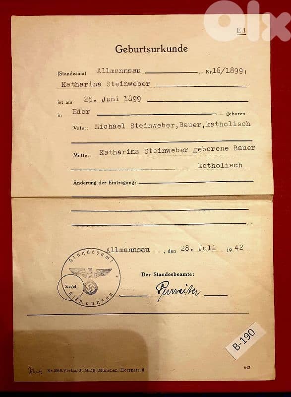 Germany 1899 birth certificate for Katharina Steinweber- # B-190 0