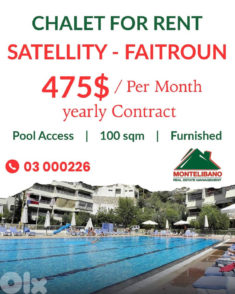100 sqm Chalet For Rent in Satellity Resort Faitroun with Pool Access 0
