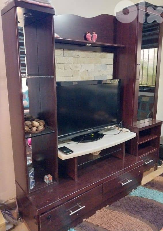 Dark Wood TV Unit with Stone Back Panel & Storage 0