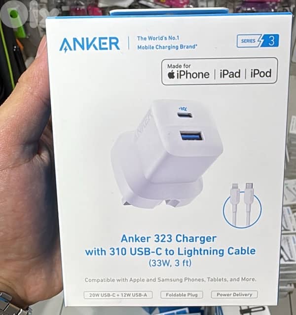 Anker 323 charger with 310 usb-c to lightning cable (33w,3ft) 3pin 0