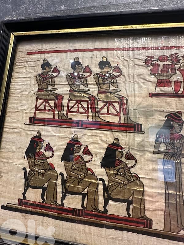 Rare Authentic Hand Painted Egyptian Papyrus with hieroglyphics framed 1